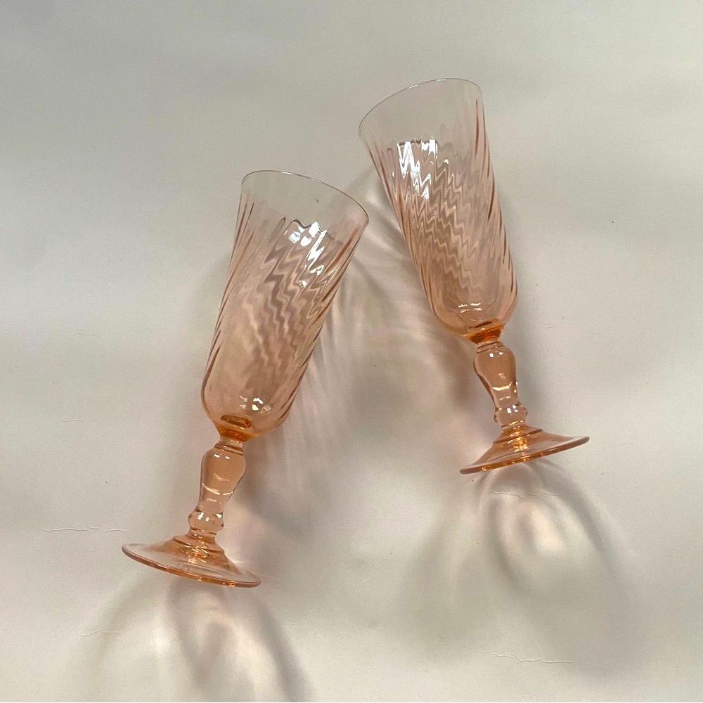 Vintage Pair of Pink Swirl Champagne Flutes France Depression Glass